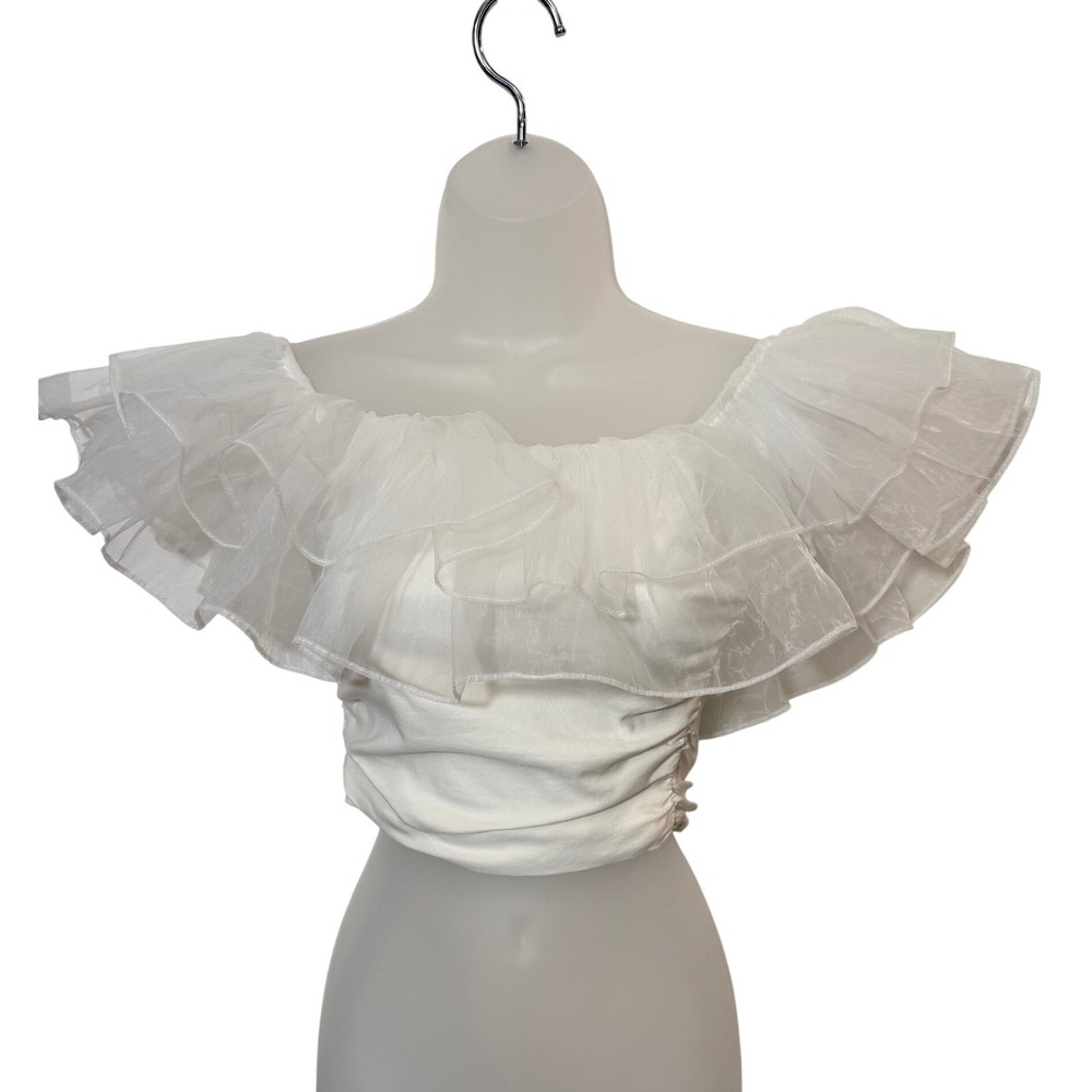 Altar'd State Womens White Tulle Ruffle Off-The-Shoulder Ruched Crop Top Small